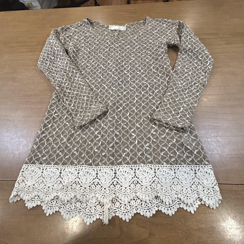 A'reve Tunic Sweater Womens Small Beige‎ Open Knit Crochet Lace Hem Boho